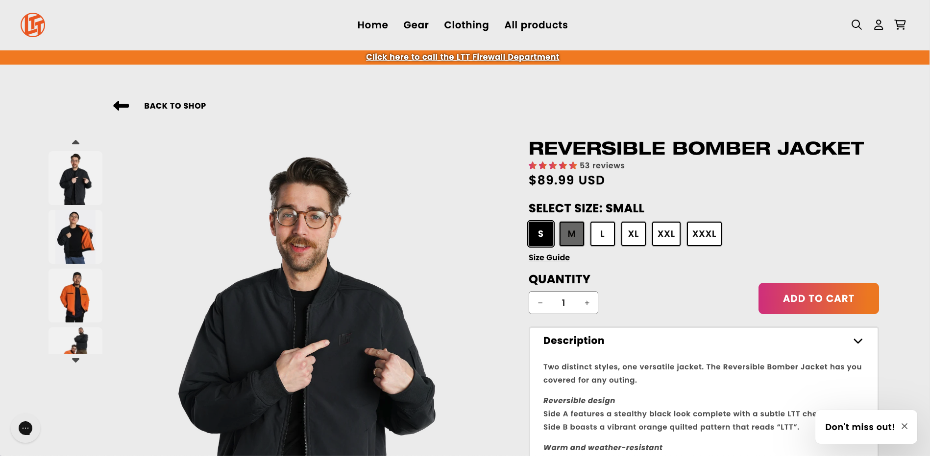 LTT firewall ecommerce listing titled "Reversible bomber jacket"